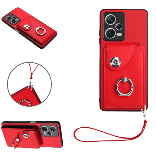 

For Xiaomi Poco X5/Redmi Note 12 5G Global Organ Card Bag Ring Holder PU Phone Case with Lanyard(Red)