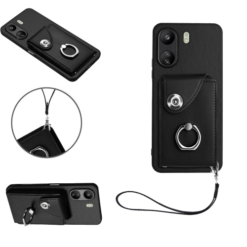 

For Xiaomi Redmi 13C 4G / Poco C65 Organ Card Bag Ring Holder PU Phone Case with Lanyard(Black)