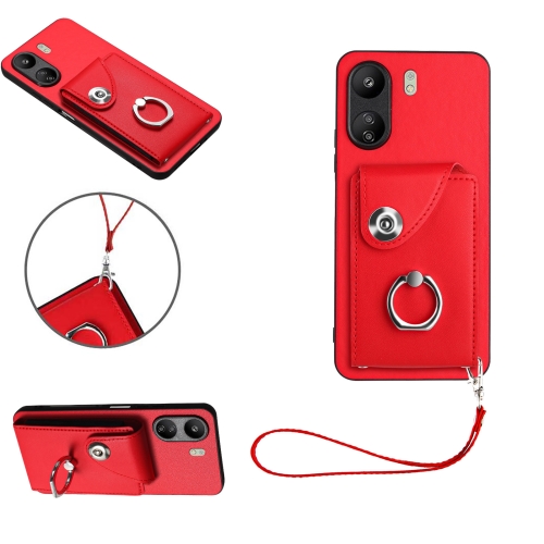 

For Xiaomi Redmi 13C 4G / Poco C65 Organ Card Bag Ring Holder PU Phone Case with Lanyard(Red)