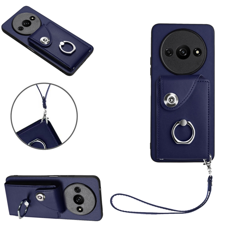 

For Xiaomi Redmi A3 4G Organ Card Bag Ring Holder PU Phone Case with Lanyard(Blue)
