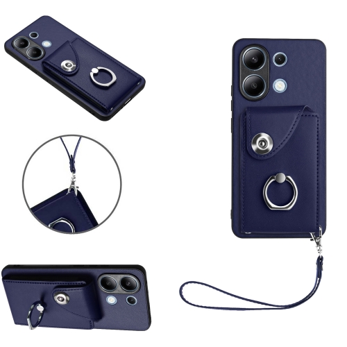 

For Xiaomi Redmi Note 13 4G Global Organ Card Bag Ring Holder PU Phone Case with Lanyard(Blue)