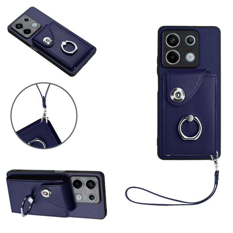 

For Xiaomi Redmi Note 13 5G Global Organ Card Bag Ring Holder PU Phone Case with Lanyard(Blue)