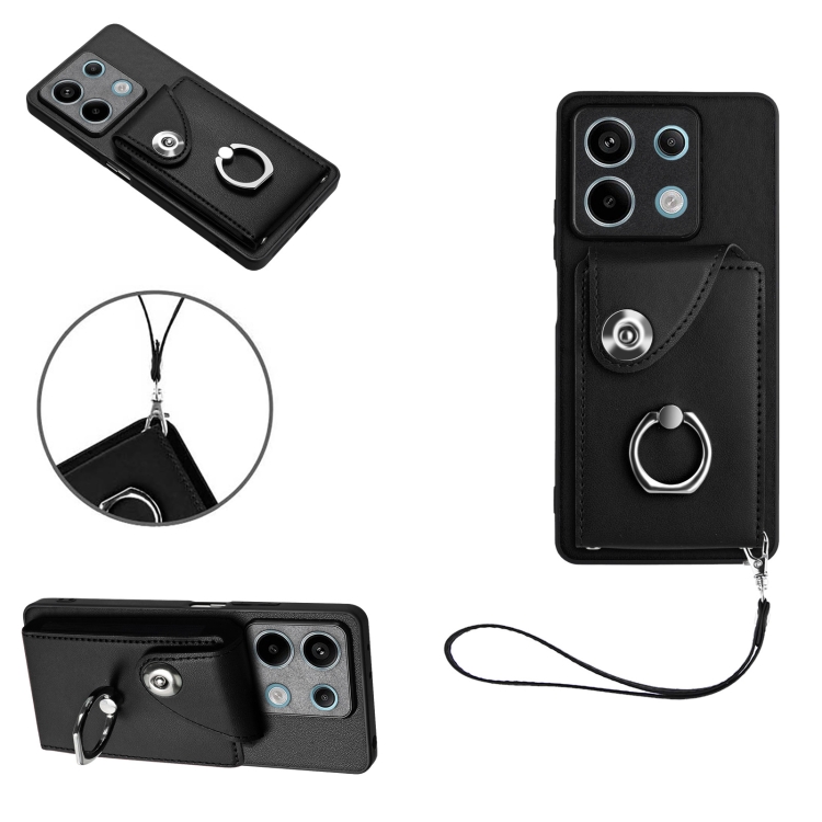 

For Xiaomi Redmi Note 13 5G Global Organ Card Bag Ring Holder PU Phone Case with Lanyard(Black)