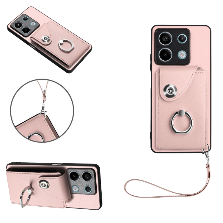 

For Xiaomi Redmi Note 13 5G Global Organ Card Bag Ring Holder PU Phone Case with Lanyard(Pink)