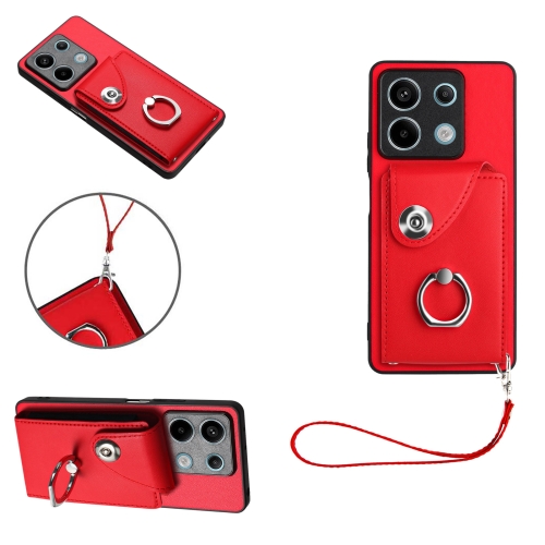 

For Xiaomi Redmi Note 13 5G Global Organ Card Bag Ring Holder PU Phone Case with Lanyard(Red)