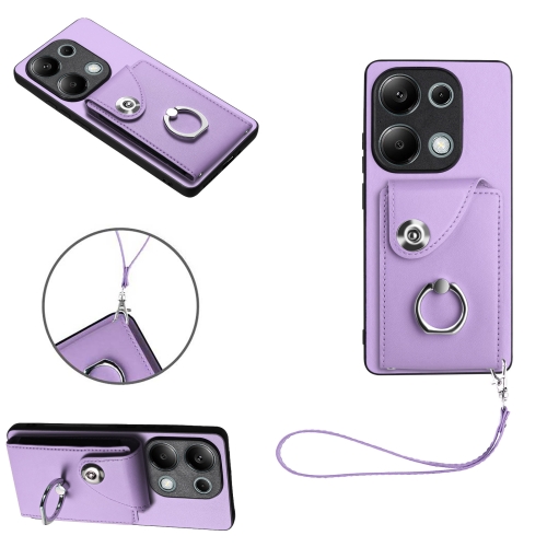 

For Xiaomi Redmi Note 13 Pro 4G Global Organ Card Bag Ring Holder PU Phone Case with Lanyard(Purple)