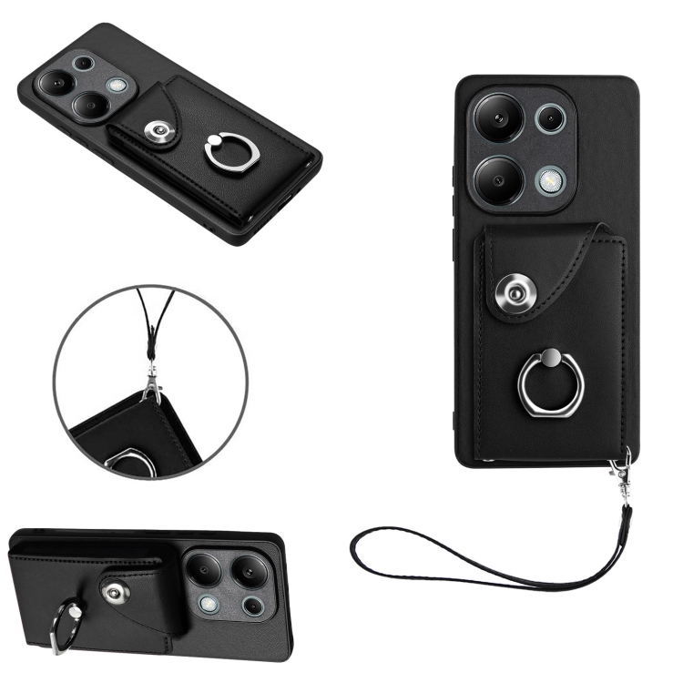 

For Xiaomi Redmi Note 13 Pro 4G Global Organ Card Bag Ring Holder PU Phone Case with Lanyard(Black)