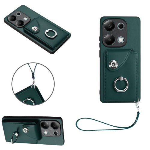 

For Xiaomi Redmi Note 13 Pro 4G Global Organ Card Bag Ring Holder PU Phone Case with Lanyard(Green)