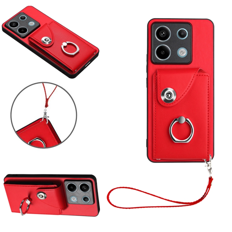 

For Xiaomi Redmi Note 13 Pro 5G Global Organ Card Bag Ring Holder PU Phone Case with Lanyard(Red)