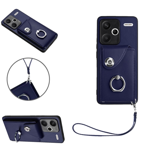 

For Xiaomi Redmi Note 13 Pro+ Organ Card Bag Ring Holder PU Phone Case with Lanyard(Blue)