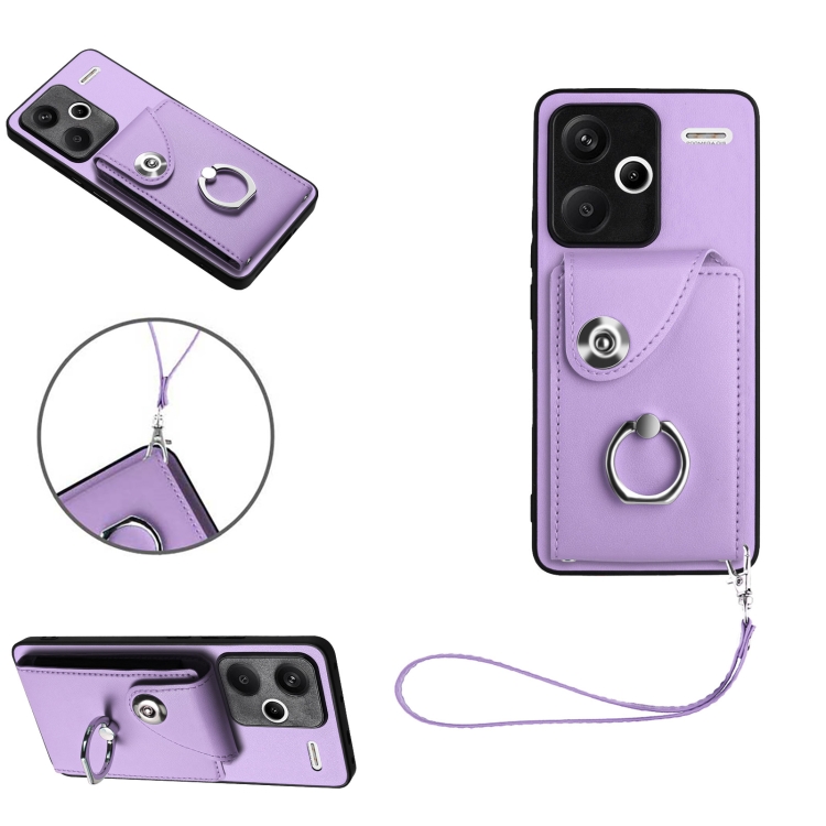 

For Xiaomi Redmi Note 13 Pro+ Organ Card Bag Ring Holder PU Phone Case with Lanyard(Purple)