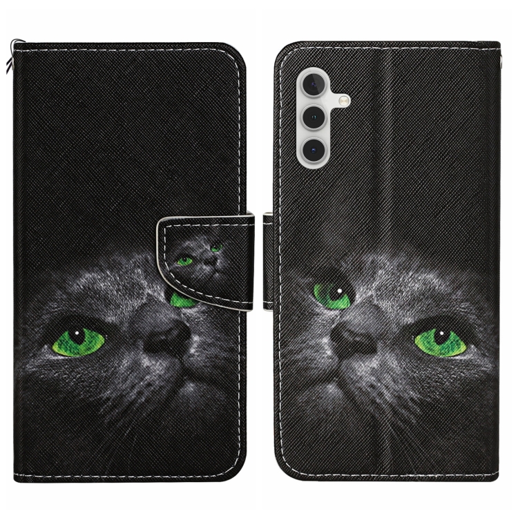 

For Samsung Galaxy A15 Colored Drawing Pattern Leather Phone Case(Black Cat)
