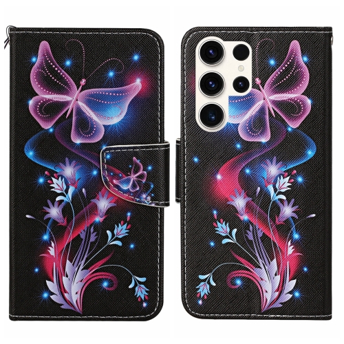

For Samsung Galaxy S24 Ultra 5G Colored Drawing Pattern Leather Phone Case(Fluorescent Butterfly)