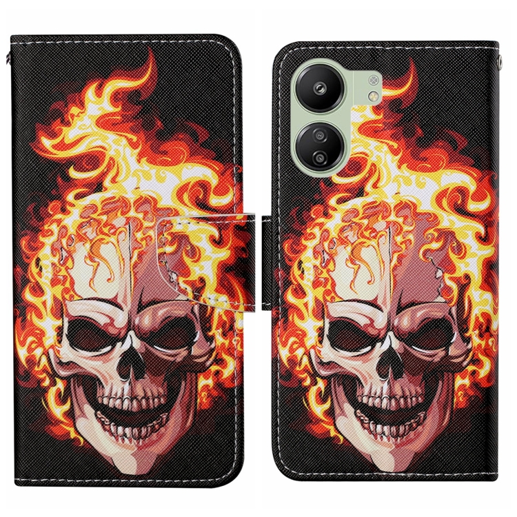 

For Xiaomi Redmi 13C Colored Drawing Pattern Leather Phone Case(Flame Skull)