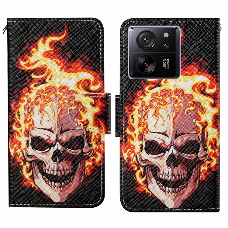 

For Xiaomi Redmi 13T Colored Drawing Pattern Leather Phone Case(Flame Skull)