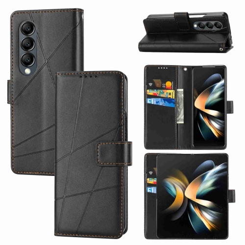 

For Samsung Galaxy Z Fold4 PU Genuine Leather Texture Embossed Line Phone Case(Black)