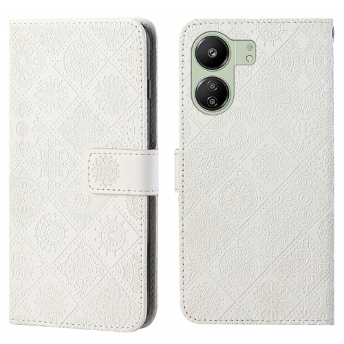 

For Xiaomi Redmi 13C Ethnic Style Embossed Pattern Leather Phone Case(White)