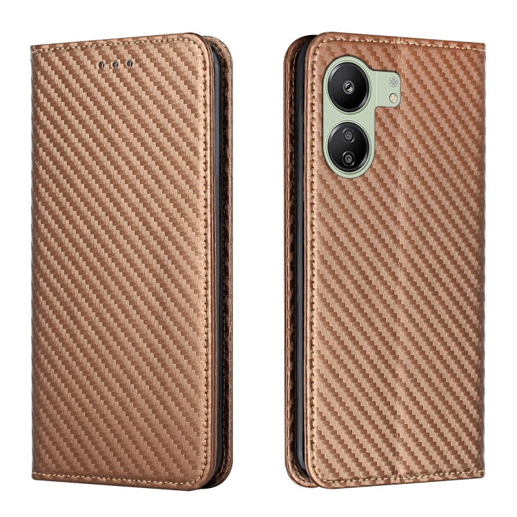 

For Xiaomi Redmi 13C Carbon Fiber Texture Flip Holder Leather Phone Case(Brown)