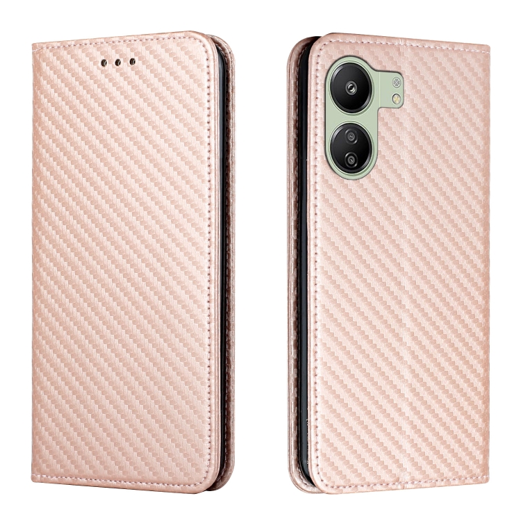 

For Xiaomi Redmi 13C Carbon Fiber Texture Flip Holder Leather Phone Case(Rose Gold)