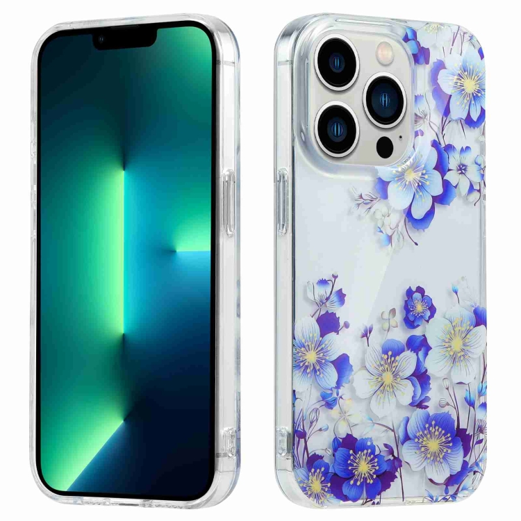 

For iPhone 13 Pro Electroplated Symphony Phone Case(White Blue Flower)