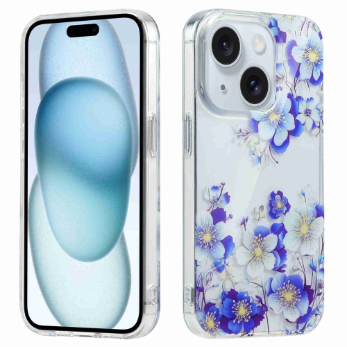 

For iPhone 15 Plus Electroplated Symphony Phone Case(White Blue Flower)