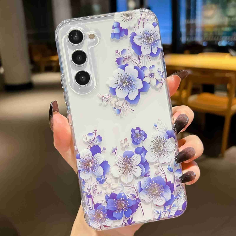 

For Samsung Galaxy S23+ 5G Electroplated Symphony Phone Case(White Blue Flower)