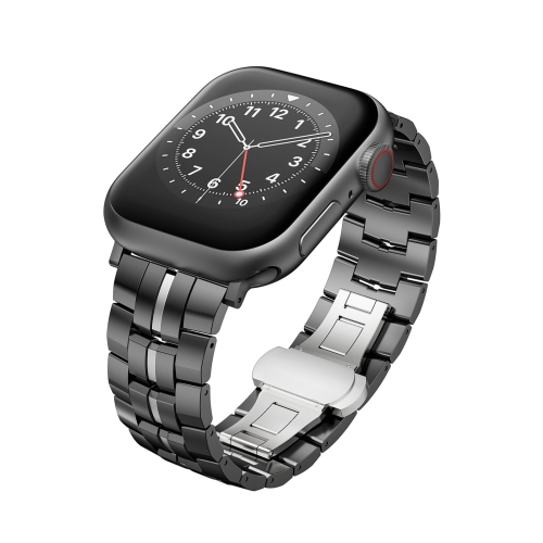 Para Apple Watch SE 2023 40mm Fivela Borboleta 5 Contas Pulseira de Relógio de Metal (Preto Prata)