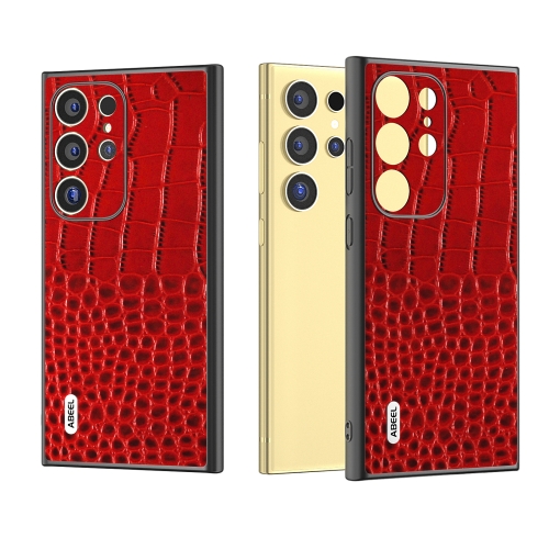 

For Samsung Galaxy S24 Ultra 5G ABEEL Genuine Leather Crocodile Pattern Phone Case with Holder(Red)