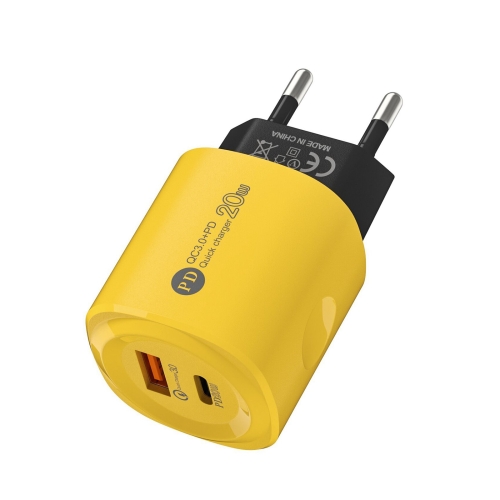 PD20W Type-C + USB QC3.0 Charging Charger, Plug Type:EU Plug(Yellow) f9 5 bluetooth 5 0 tws wireless binaural bluetooth earphone with charging box