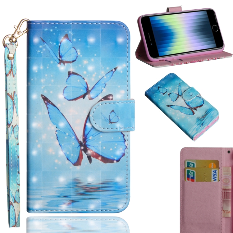 

For iPhone SE 2022 / SE 2020 / 8 / 7 3D Painting Pattern Horizontal Flip TPU + PU Leather Case with Holder & Card Slots & Wallet & Lanyard(Three Butterfly)