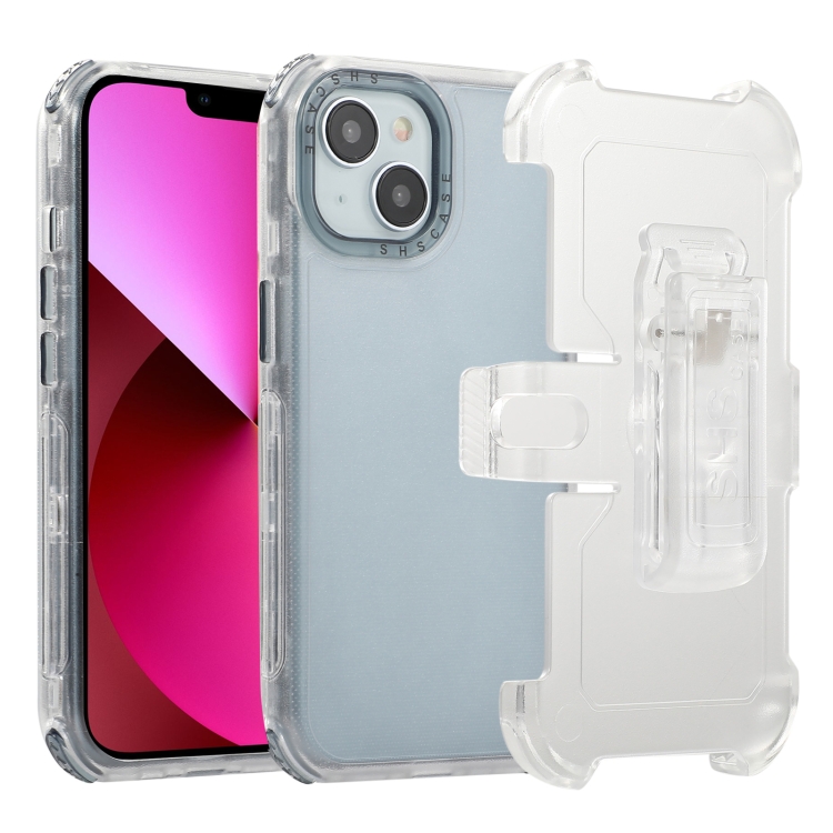 

For iPhone 13 Frosted PC+TPU Phone Case with Back Clip(Transparent Blue)