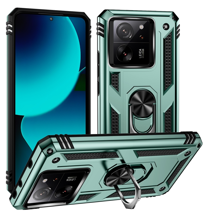 

For Xiaomi 13T/13T Pro Shockproof TPU + PC Phone Case with Holder(Dark Green)