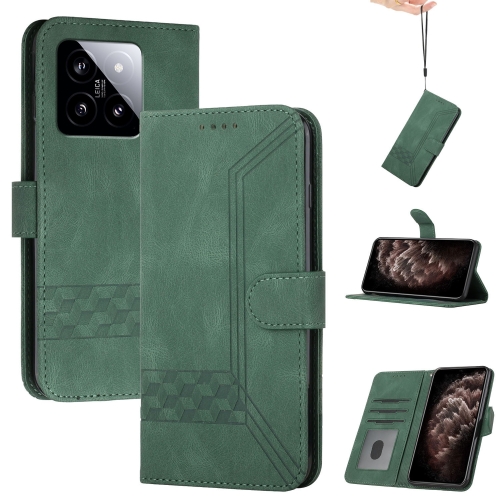 

For Xiaomi 14 Cubic Skin Feel Flip Leather Phone Case(Green)