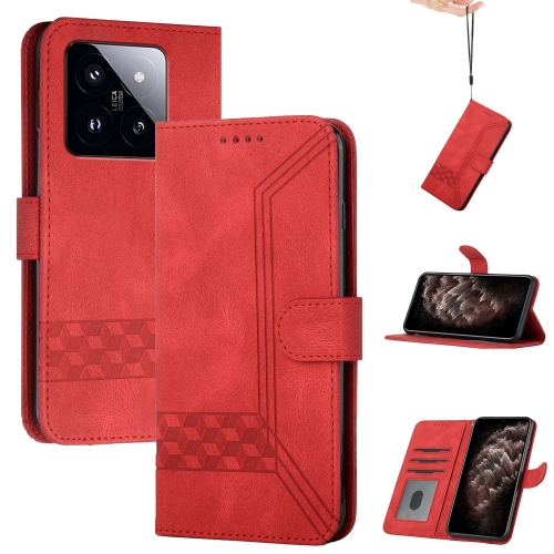 

For Xiaomi 14 Pro Cubic Skin Feel Flip Leather Phone Case(Red)