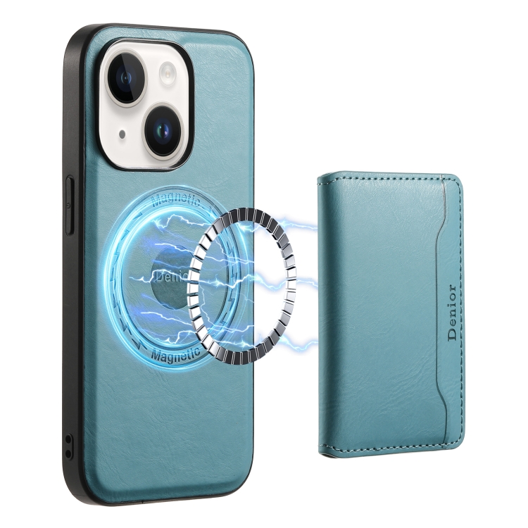 

For iPhone 14 Plus Denior Cowhide Texture Leather MagSafe Detachable Wallet Phone Case(Blue)