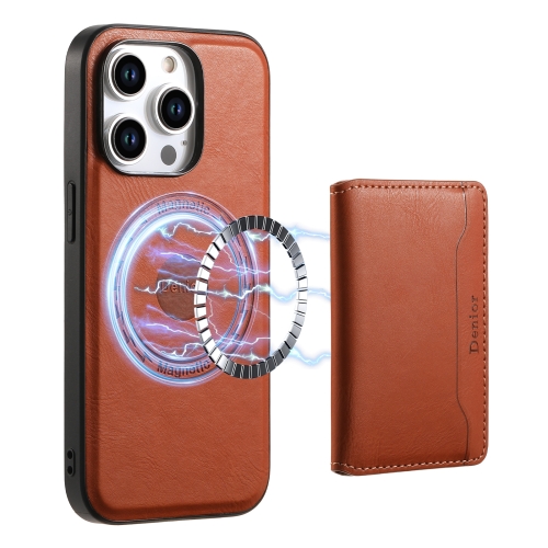 For iPhone 14 Pro Denior Cowhide Texture Leather MagSafe Detachable Wallet Phone Case(Brown) for iphone 15 plus crazy horse top layer cowhide leather phone case brown