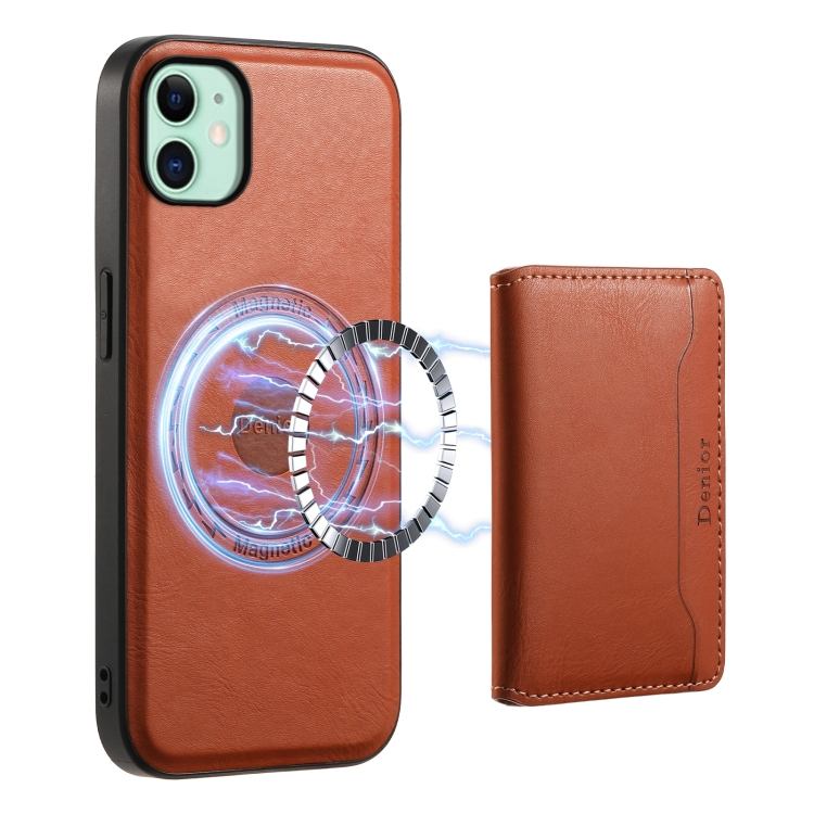 

For iPhone 11 Denior Cowhide Texture Leather MagSafe Detachable Wallet Phone Case(Brown)