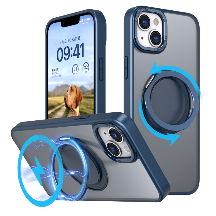

For iPhone 14 Plus 360-degree Rotating MagSafe Magnetic Holder Phone Case(Navy Blue)