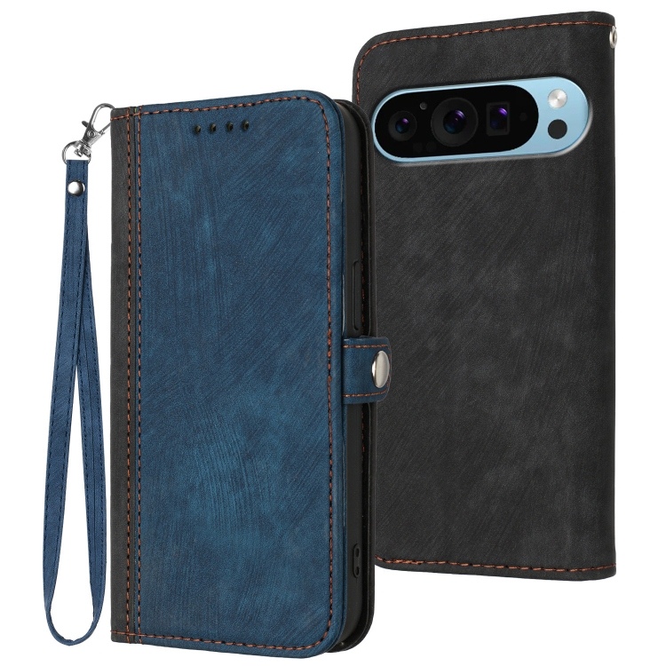 

For Google Pixel 9 Pro Side Buckle Double Fold Hand Strap Leather Phone Case(Royal Blue)