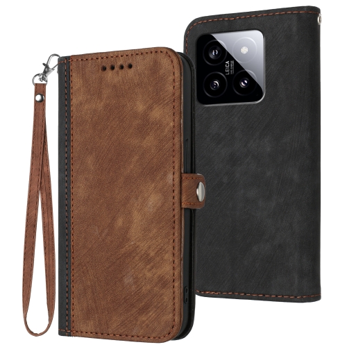 For Xiaomi 14 Side Buckle Double Fold Hand Strap Leather Phone Case(Brown) baterpak customized leather strap fold guide leather belt folder pressor strap guide parts 1pcs price