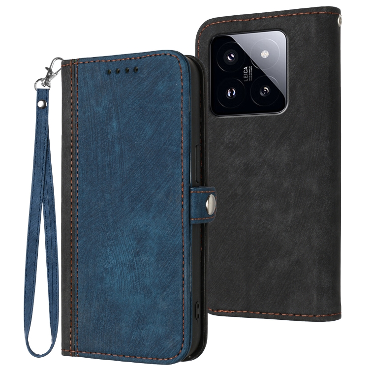 

For Xiaomi 14 Pro Side Buckle Double Fold Hand Strap Leather Phone Case(Royal Blue)