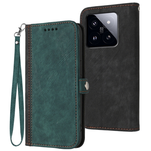 

For Xiaomi 14 Pro Side Buckle Double Fold Hand Strap Leather Phone Case(Dark Green)
