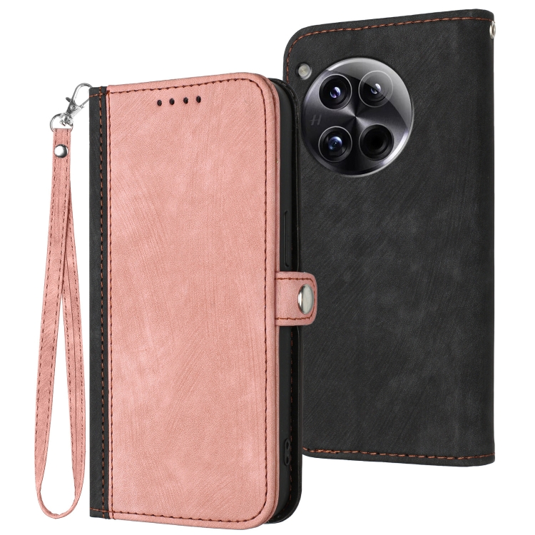

For OnePlus 12 Side Buckle Double Fold Hand Strap Leather Phone Case(Pink)