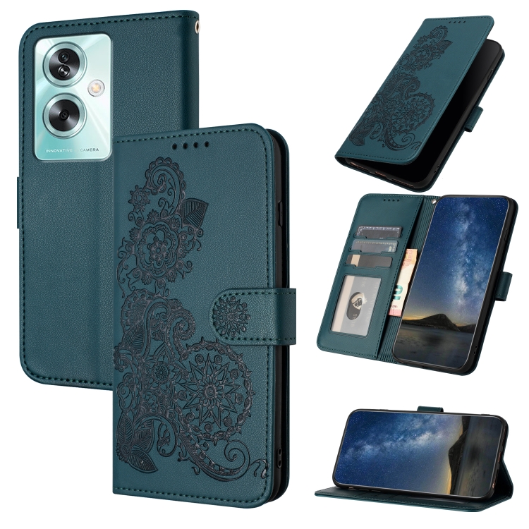 

For OPPO A79 Datura Flower Embossed Flip Leather Phone Case(Dark Green)
