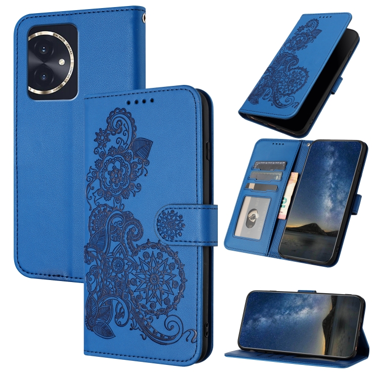 

For Honor 100 Datura Flower Embossed Flip Leather Phone Case(Blue)