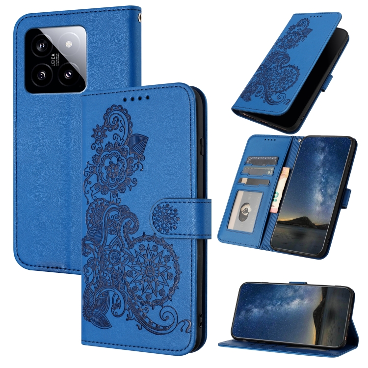 

For Xiaomi 14 Datura Flower Embossed Flip Leather Phone Case(Blue)
