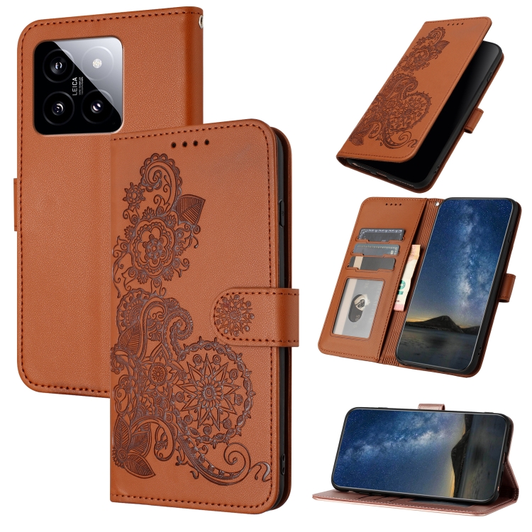 

For Xiaomi 14 Datura Flower Embossed Flip Leather Phone Case(Brown)