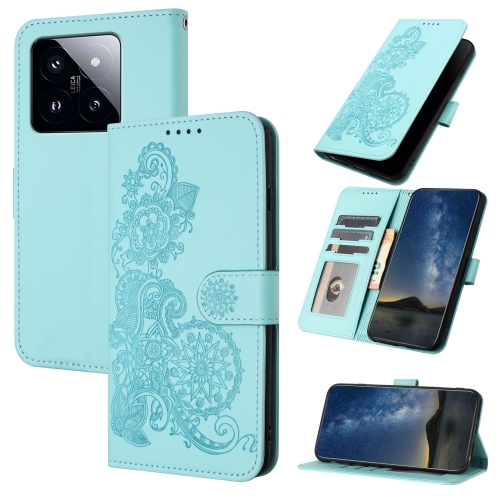 

For Xiaomi 14 Pro Datura Flower Embossed Flip Leather Phone Case(Light blue)