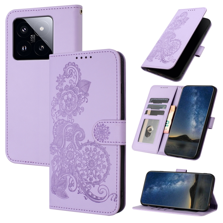 

For Xiaomi 14 Pro Datura Flower Embossed Flip Leather Phone Case(Purple)