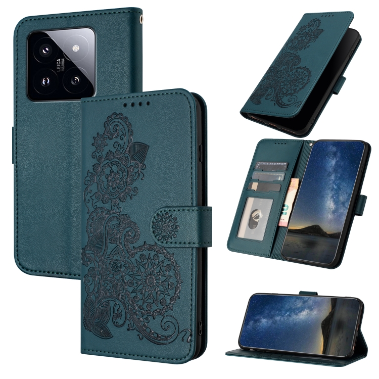 

For Xiaomi 14 Pro Datura Flower Embossed Flip Leather Phone Case(Dark Green)